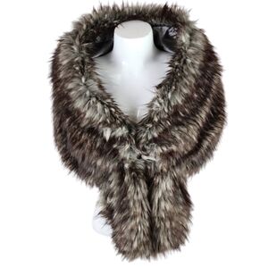Faux Fur Long Hair Large Collar Wrap Rhinestone Clasp Brown Cream One Size